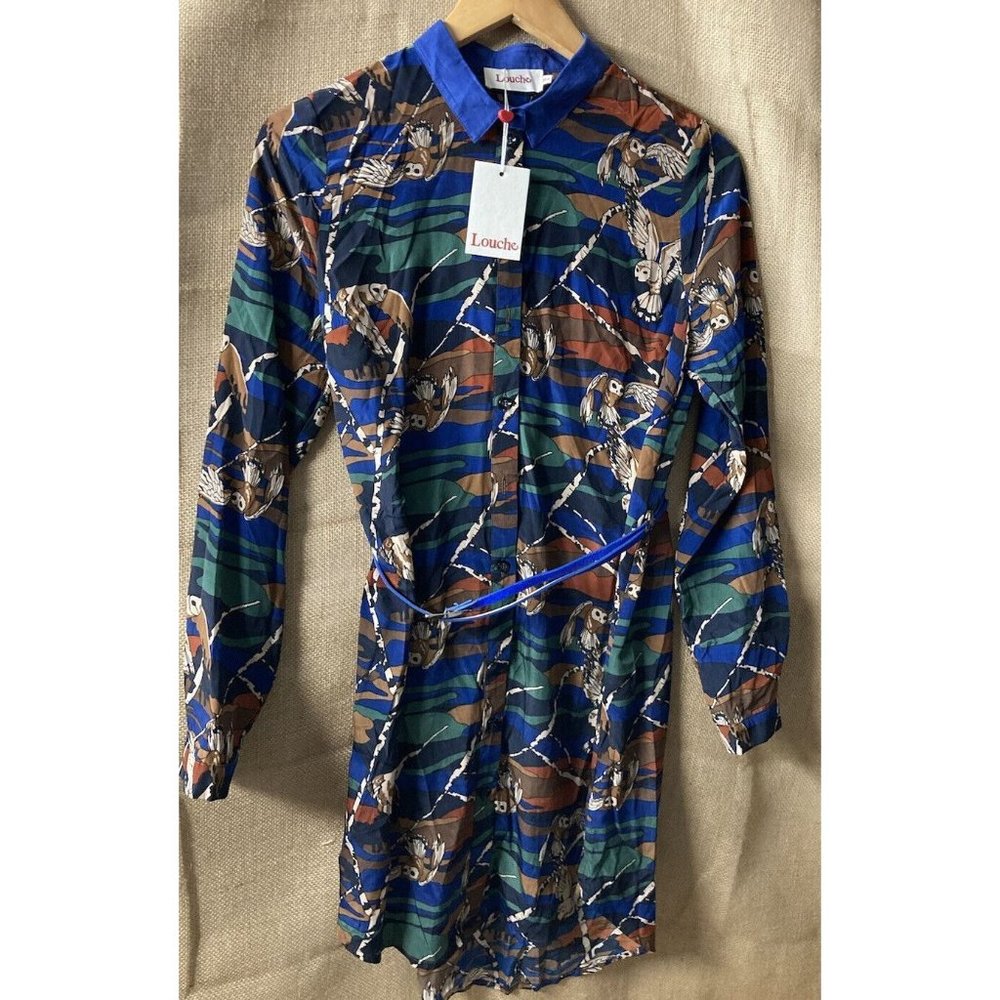 Louche Dress Womens Size Small Owl Print Button Down Collared Shirt Dress NEW